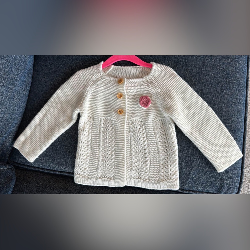 Cream Knit Baby Cardigan with Pink Flower